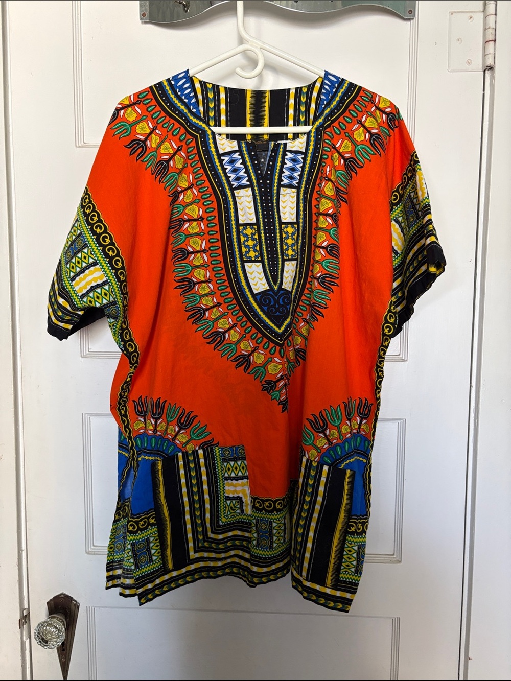 Men's Orange African Dashiki Shirt with Multicolor Pattern Size L